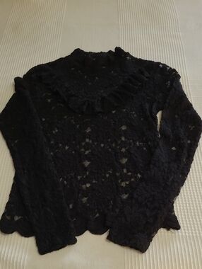 Black Sheer Floral Lace Mock Neck Ruffle V-Chest Blouse S